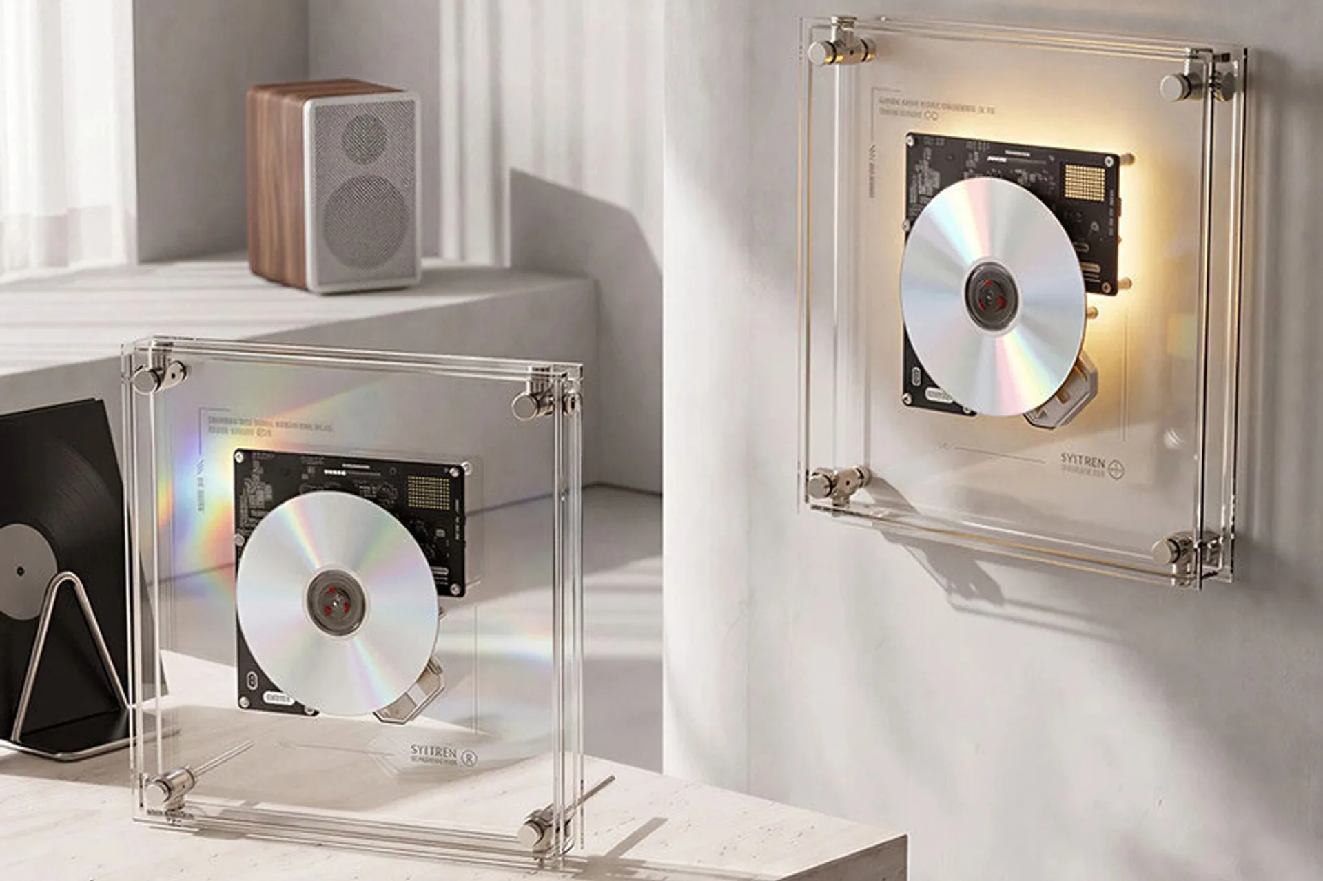 SYITREN RM1 transparent CD player on a desk with detachable legs