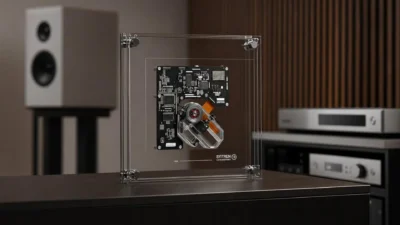 SYITREN RM1 transparent acrylic CD player showing spinning disc and optical mechanism