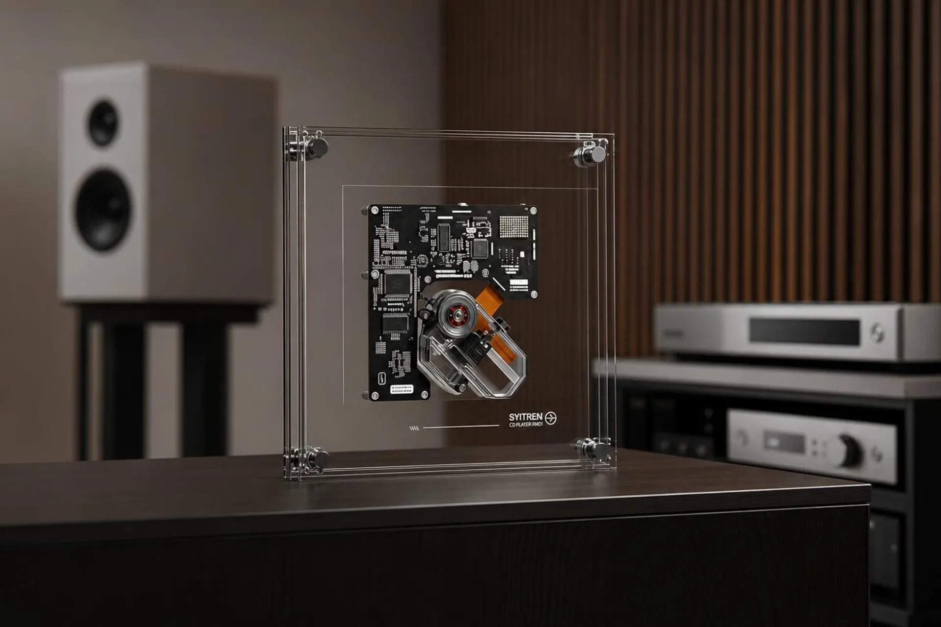 SYITREN RM1 transparent acrylic CD player with disc and optical mechanism visible
