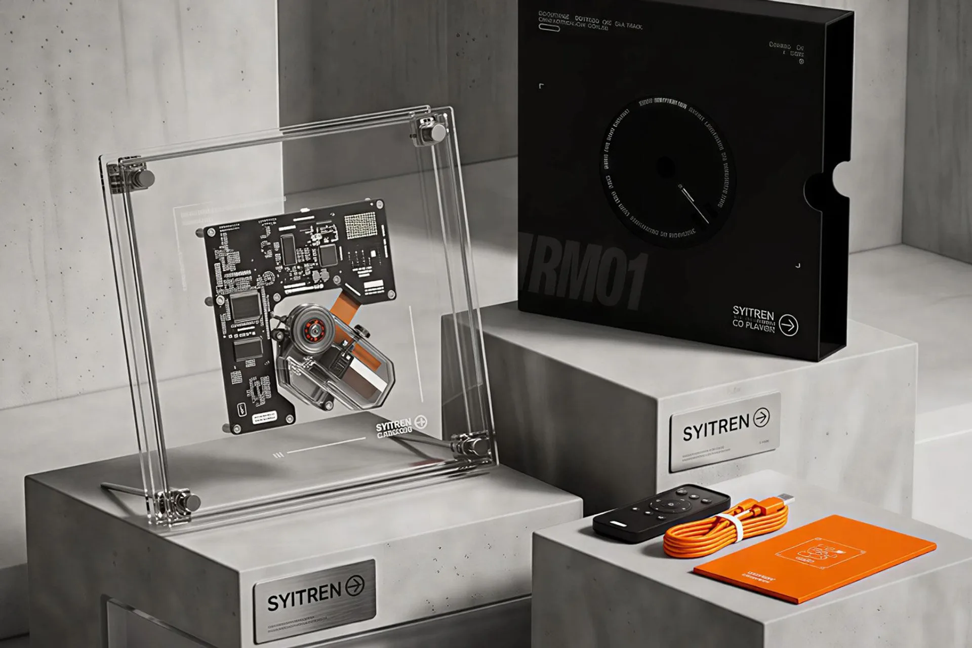 SYITREN RM1 transparent CD player shown as a wall-mounted frame with disc spinning