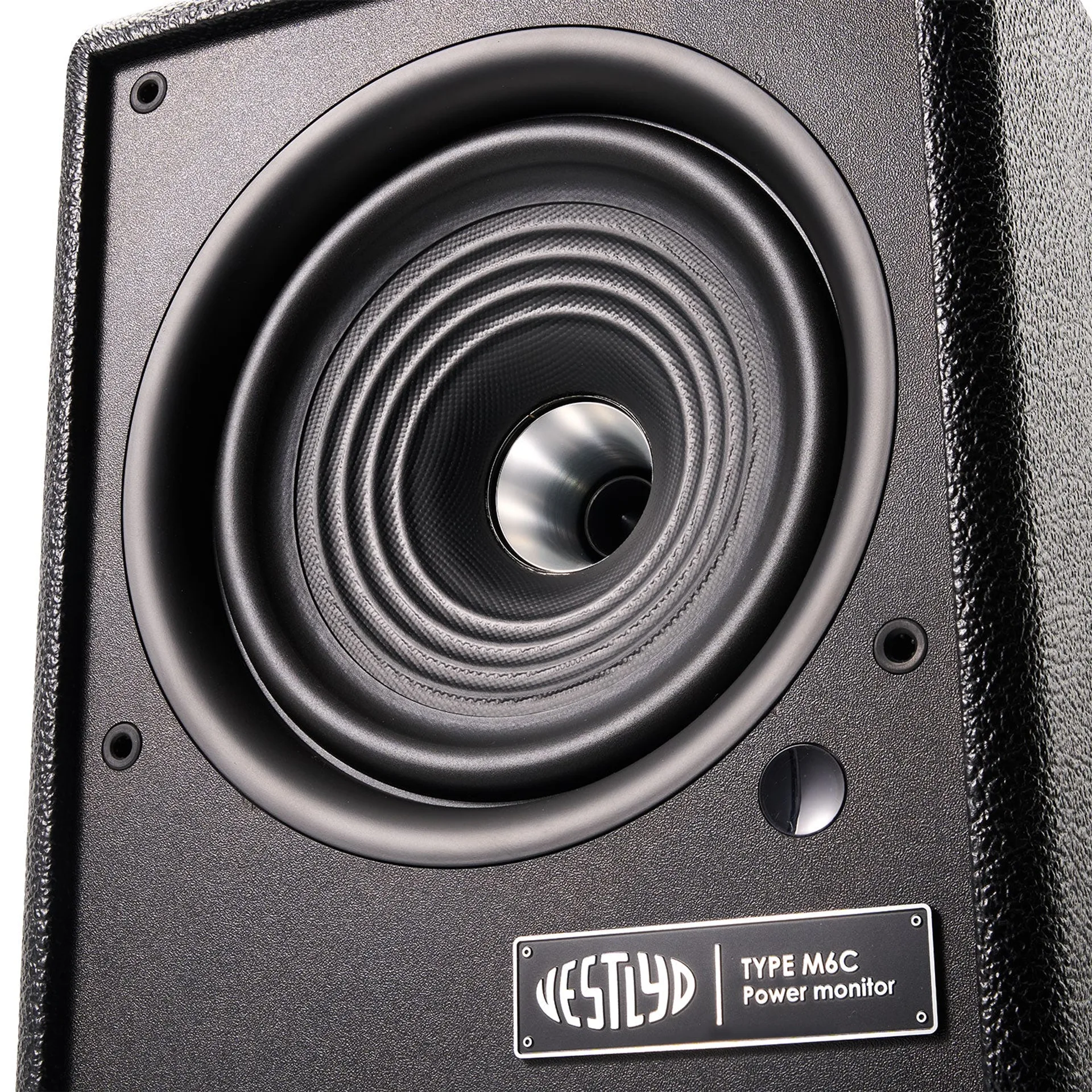 Close-up of Vestlyd M6C Active coaxial driver and Power Monitor badge