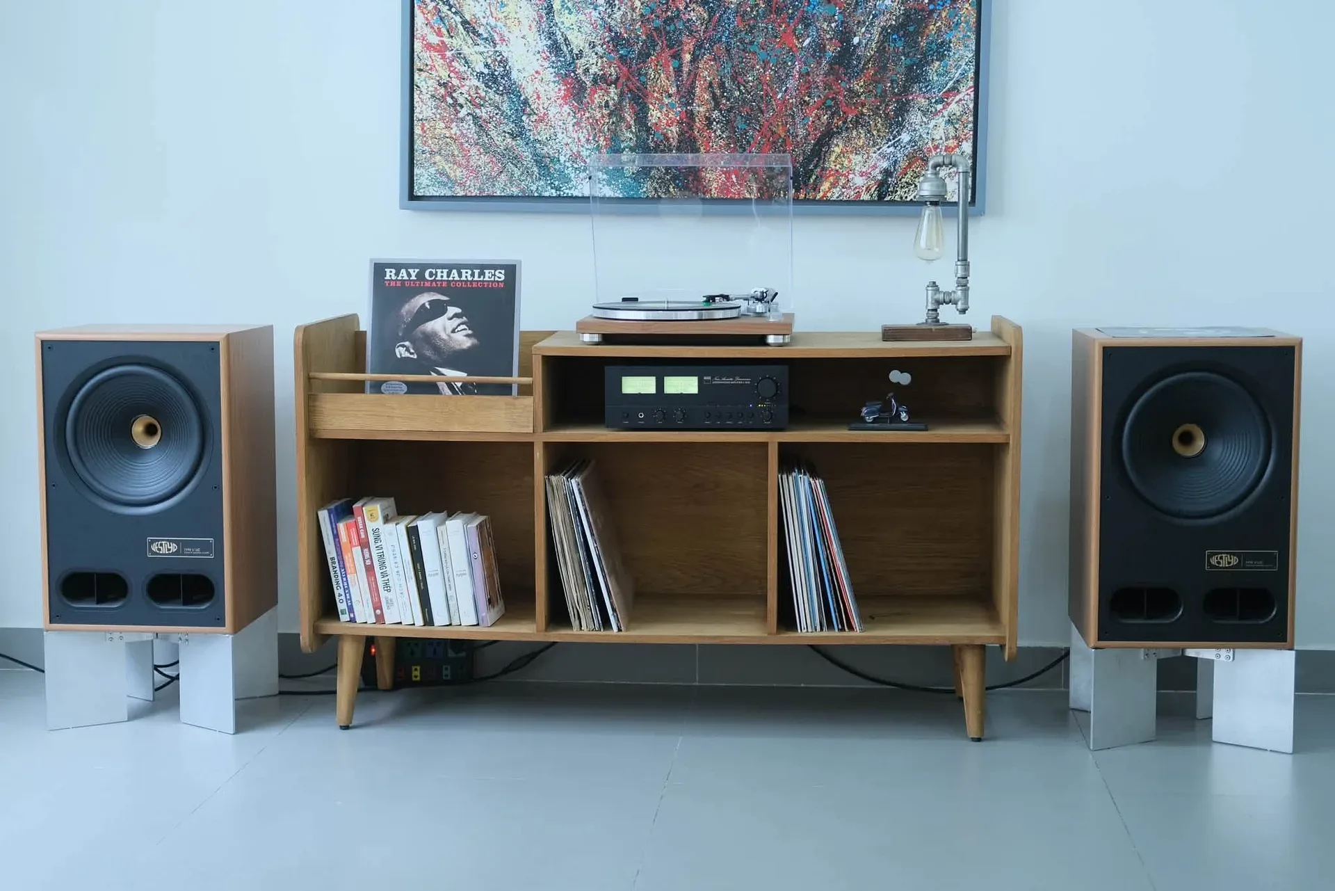 Vinyl listening corner with Vestlyd V12C speakers, NAD C 3030 VU meters and TEAC TN-400BT-X on a wood cabinet