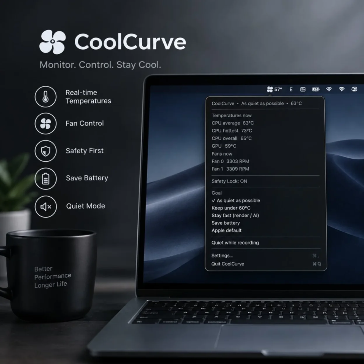 CoolCurve on a MacBook Pro desk setup: menu bar Goals, real-time temperatures, fan control, Safety Lock, and Quiet Mode