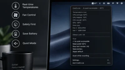 CoolCurve on a MacBook Pro desk setup: menu bar Goals, real-time temperatures, fan control, Safety Lock, and Quiet Mode