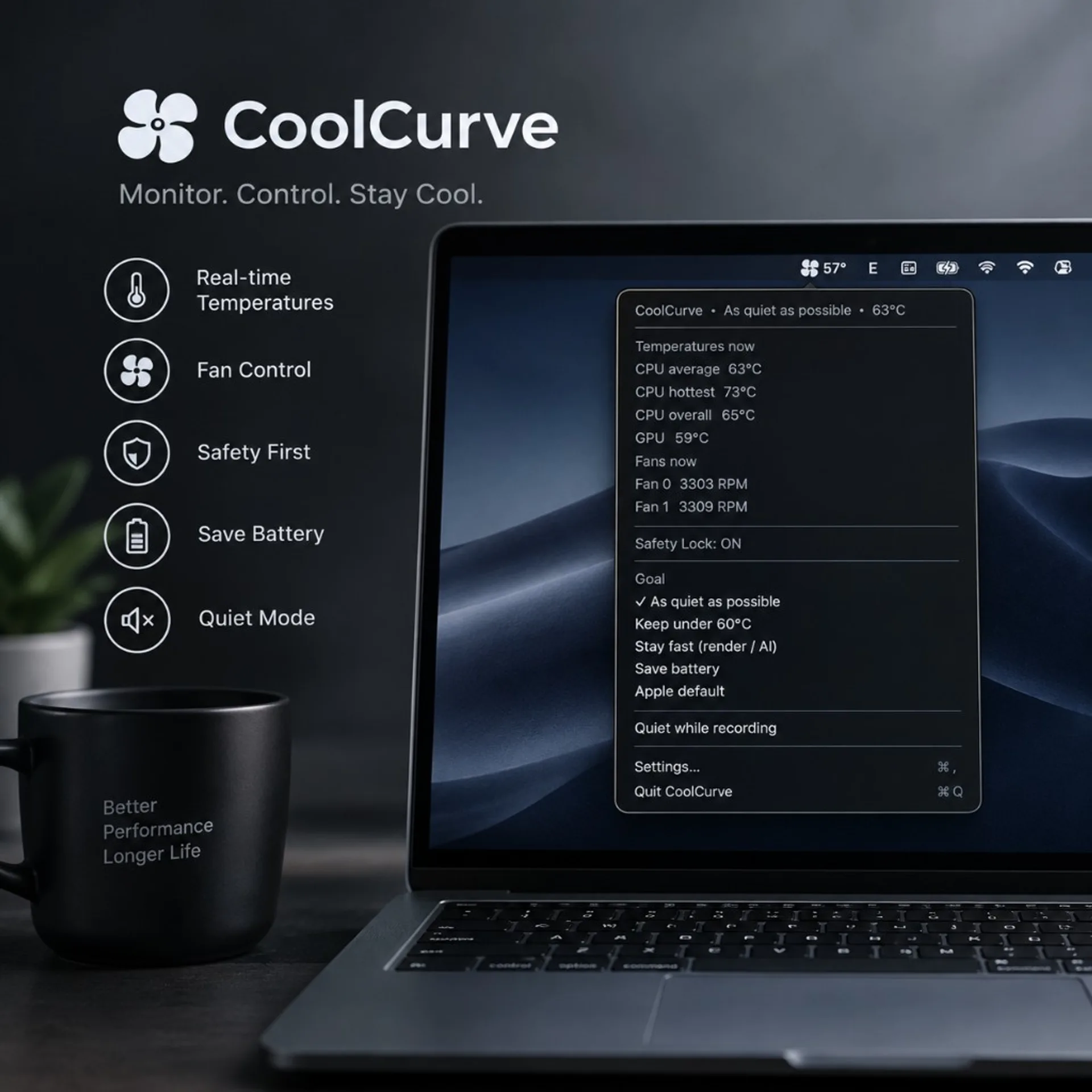 CoolCurve on a MacBook Pro desk setup: menu bar Goals, real-time temperatures, fan control, Safety Lock, and Quiet Mode