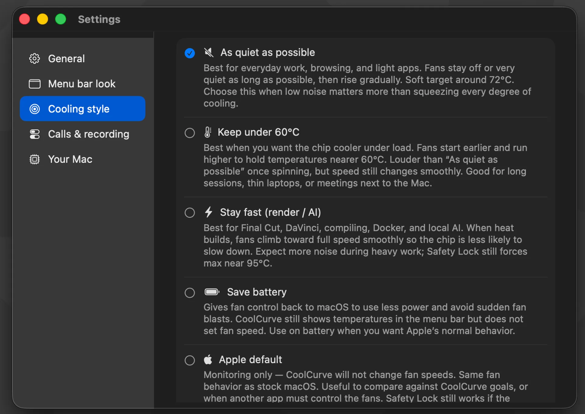 CoolCurve Settings Cooling style pane with five Goal modes including As quiet as possible and Stay fast render AI