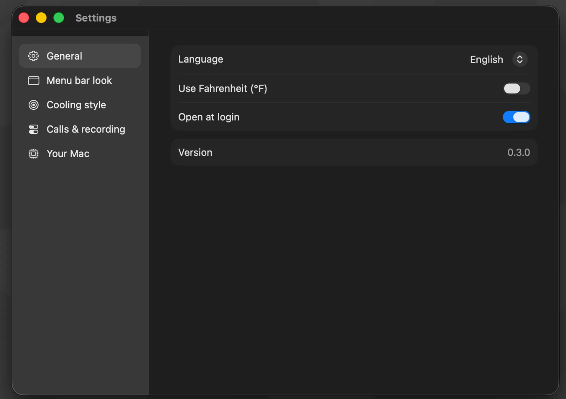CoolCurve Settings General tab with English language, Open at login on, and version 0.3.0