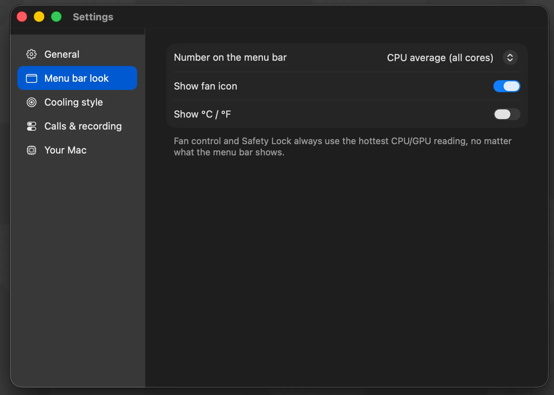 CoolCurve Menu bar look settings showing CPU average on menu bar and note that Safety Lock uses hottest CPU GPU reading