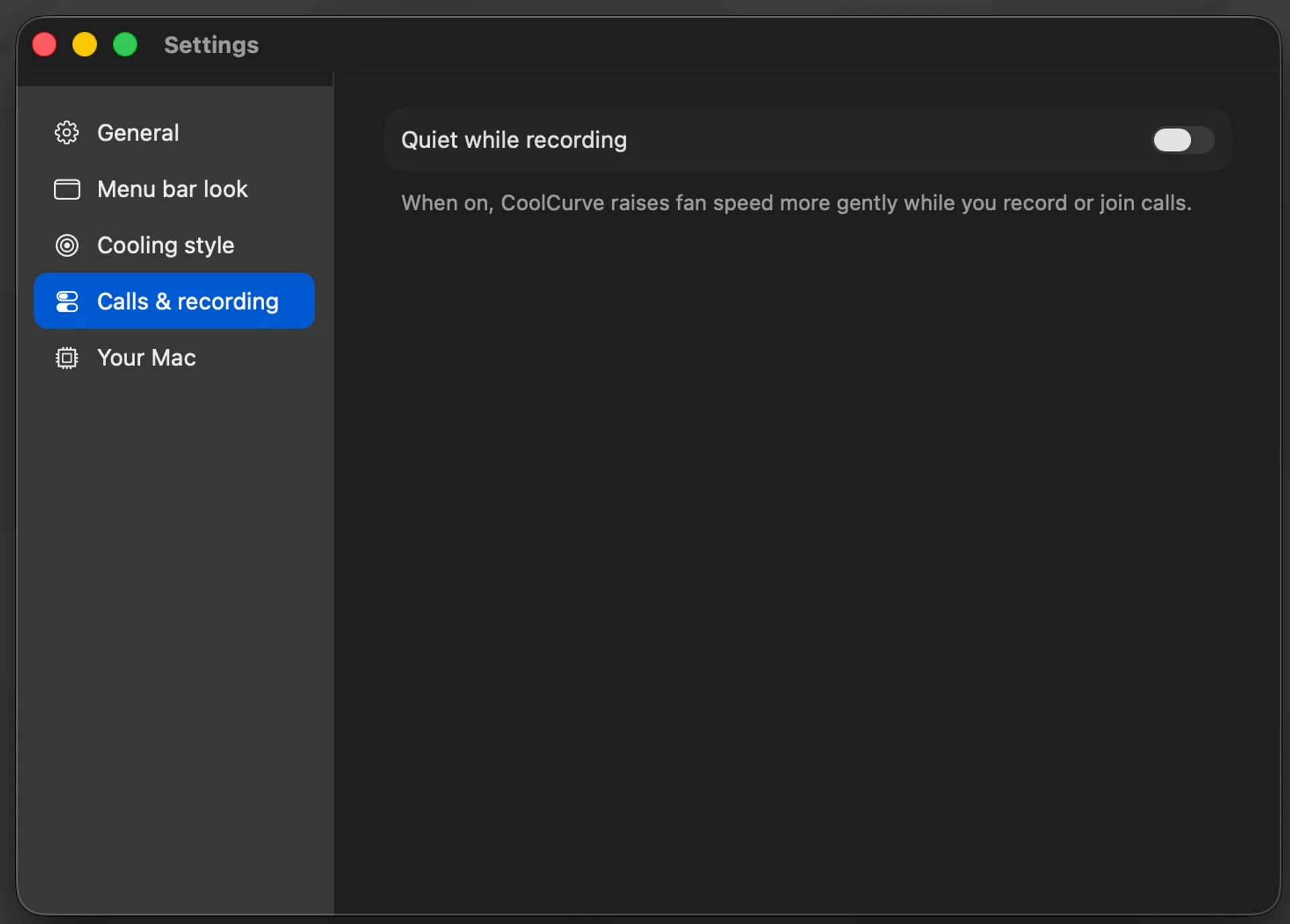 CoolCurve Calls and recording settings with Quiet while recording Mic Guard toggle off