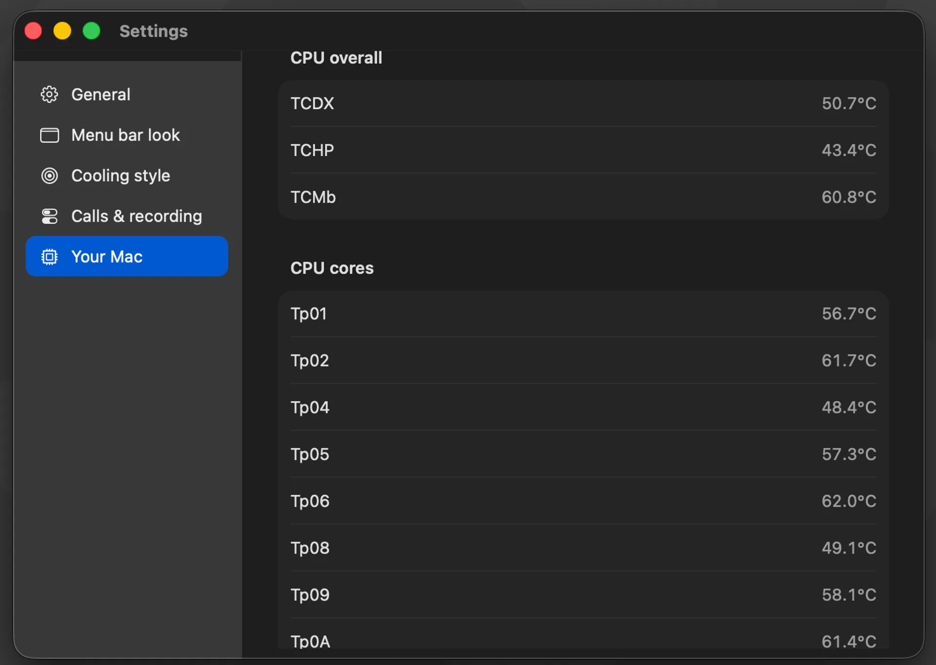 CoolCurve Your Mac compatibility pane listing live CPU overall and CPU core sensor keys with temperatures